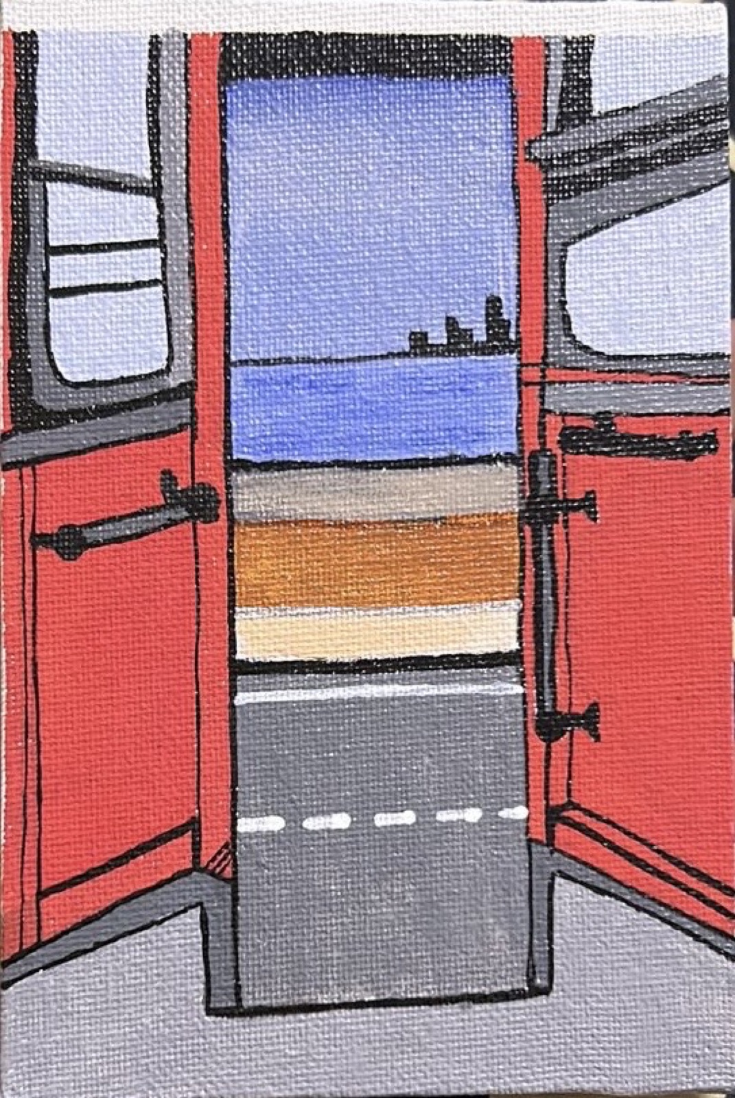 Small acrylic painting of a road and distant skyline seen between a van’s open rear doors